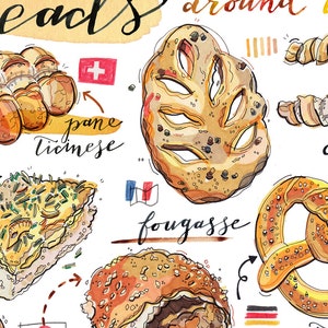 Bread Illustration. Breads of the world print. Food art. Kitchen decor. Bakery. Artisanal. Home decor. Gift for baker. Cultural. Gourmet. image 4