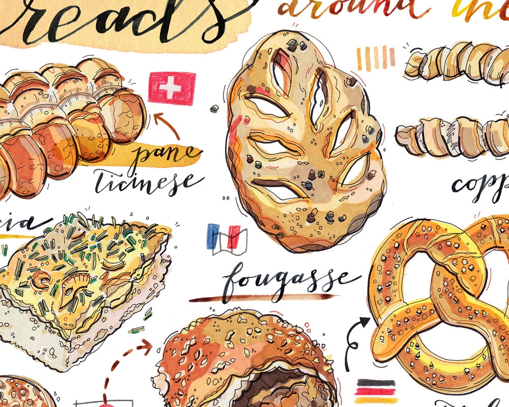 Bread Illustration. Breads of the World Print. Food Art. Kitchen