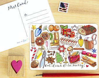 May include: A postcard with the words "Post Card" and "to" printed on it, along with a decorative card featuring Christmas-themed illustrations. The decorative card includes images of a train, candy canes, and the text "eat, drink & be merry!"