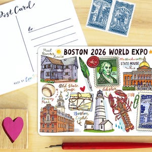 May include: A postcard with a Boston 2026 World Expo design, featuring illustrations of landmarks like Paul Revere's house, the State House, and a lobster. Includes two stamps and a wooden heart stamp.