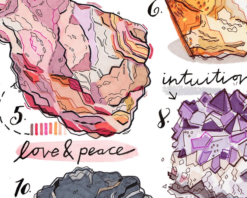 Healing Crystals Print. Gemstones Illustration. Rocks and Minerals ...