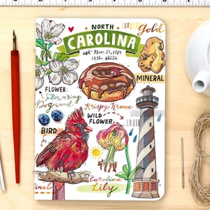 North Carolina notebook, blank journal, state art, state symbols, illustration.