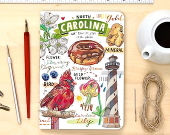 North Carolina notebook, blank journal, state art, state symbols, illustration.