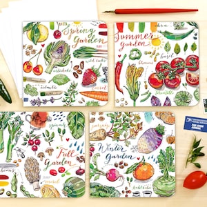 Carnets de jardin. Ensemble de 4 cartes vierges. Quatre saisons. Légumes. Illustration alimentaire. Jardinage. Ensemble d'écriture. BIO. Terre. Grandir. Arc-en-ciel.