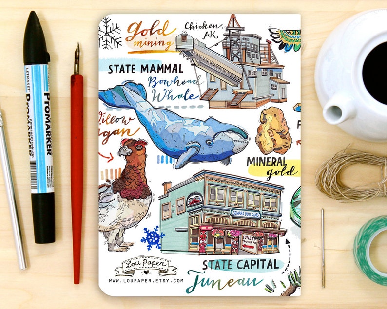 Alaska notebook, blank journal, the Last Frontier, state symbols, illustration, stationery. zdjęcie 2