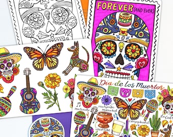May include: A collection of Dia de los Muertos themed stationery including coloring sheets, stickers, and postcards featuring sugar skulls, monarch butterflies, marigolds, guitars, and maracas with the text FOREVER (AND EVER) and Dia de los Muertos.