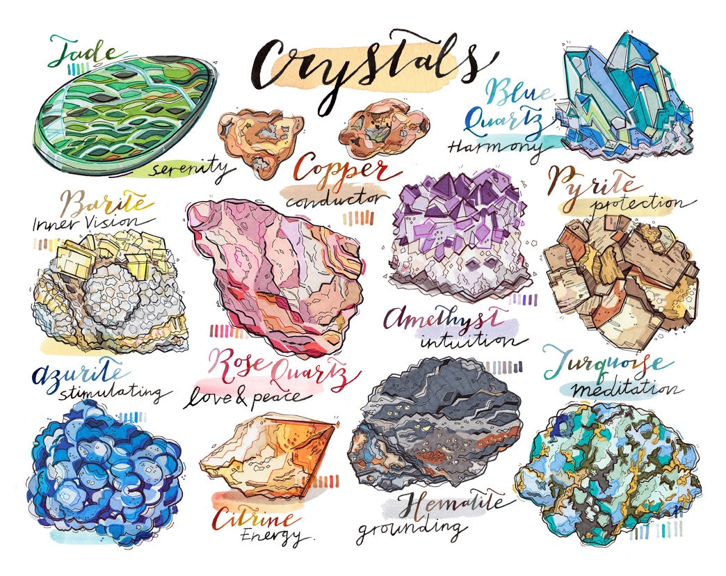 Healing Crystals Print. Gemstones Illustration. Rocks and Minerals ...