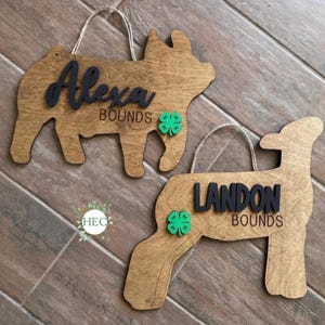 May include: Two wooden animal-shaped signs with names and the word "BOUNDS". One is a pig shape with the name "Alexa", the other is a sheep shape with the name "Landon". Each has a green shamrock accent and a twine hanger.