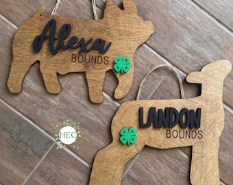 Op de afbeelding: Twee houten borden in de vorm van dieren. Eén is een varkensvorm met de naam "Alexa", de andere is een schapenvorm met de naam "Landon". Elk heeft een groene klaver en het woord "BOUNDS".