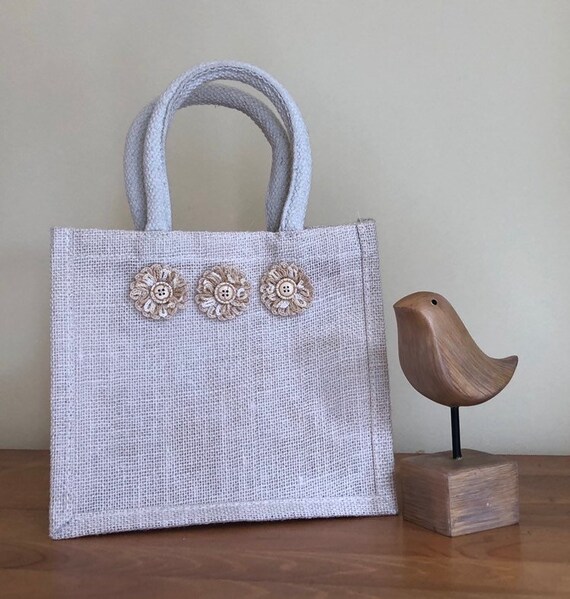 Jute Bag With Hand Crocheted Decoration Jute Gift Bag Lunch Etsy