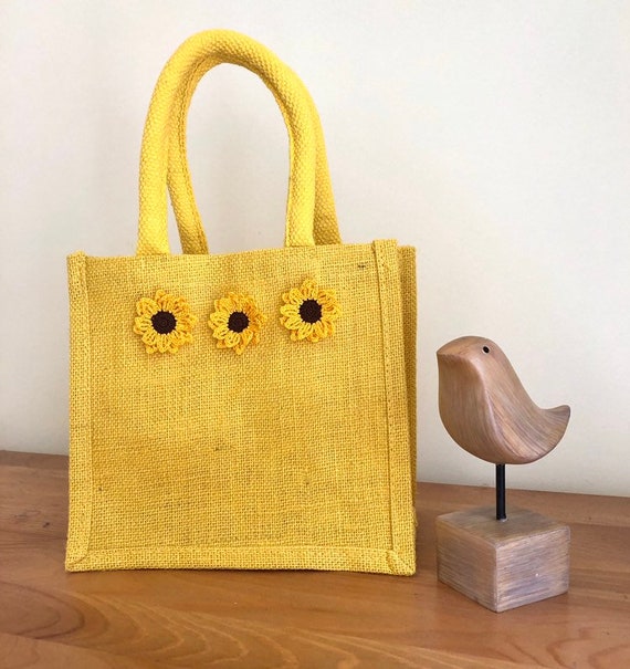 Jute Bag With Hand Crocheted Decoration Jute Gift Bag Lunch Etsy