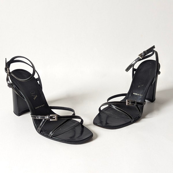 PRADA | black heeled sandals with white stitching | strappy pumps | 36