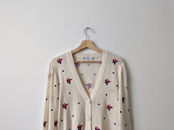 Lanvin, LANVIN | cream v-neck merino cardigan | embroidered flowers & polka dots | XS-M