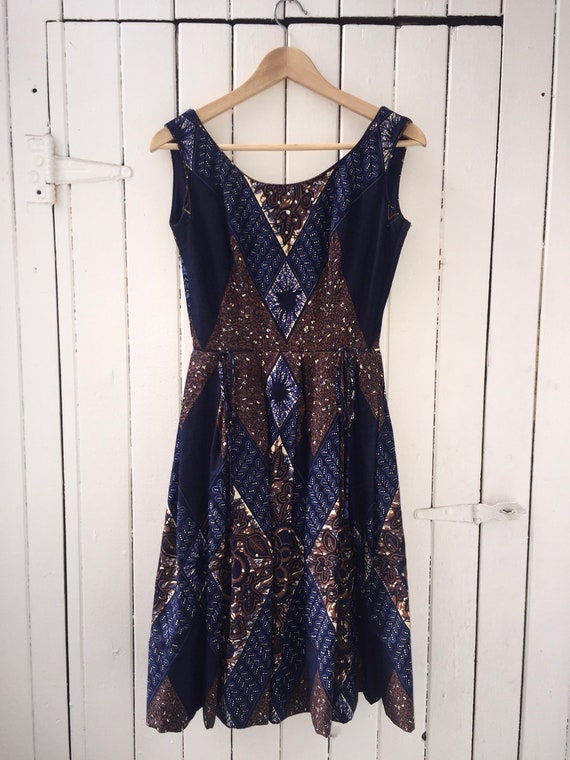 1950s / dark navy batik dress / XXS-XS