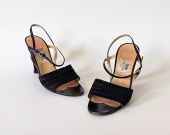 CELINE | 1990s ankle strap sandals | black suede & leather slingback heels | FR 35.5