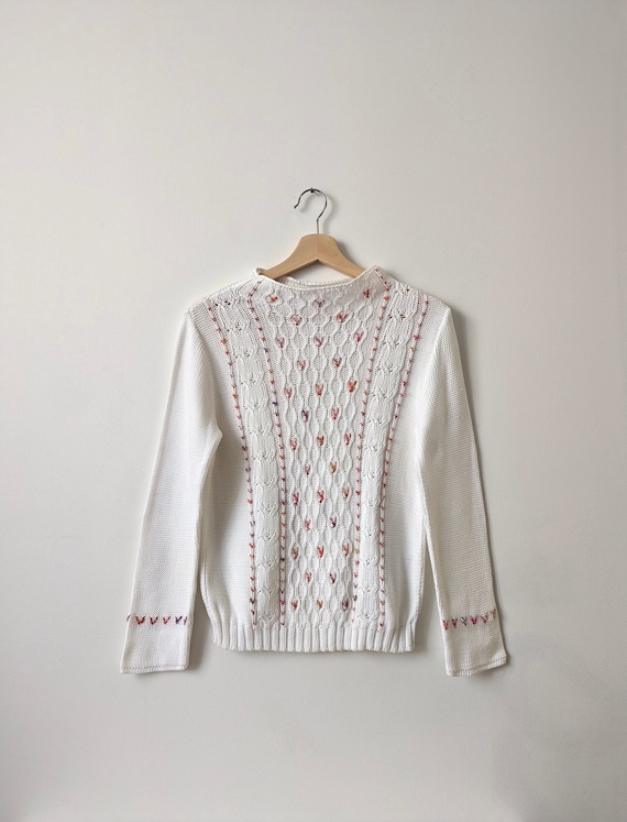 Lanvin, LANVIN SPORTS | white cotton cable knit sweater | multicolour motifs | XS-M