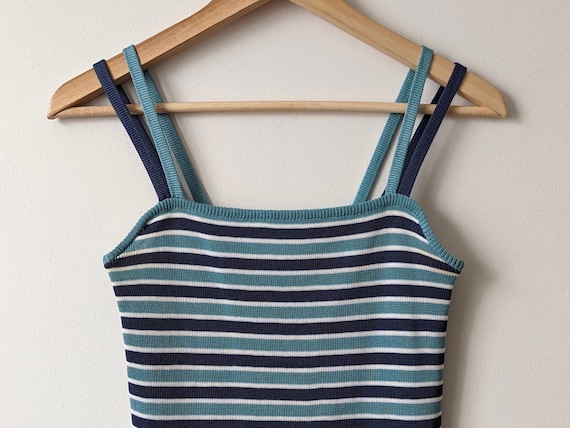 CELINE Square Neck Striped Knit Camisole Blue & Teal Tank Top XS-S