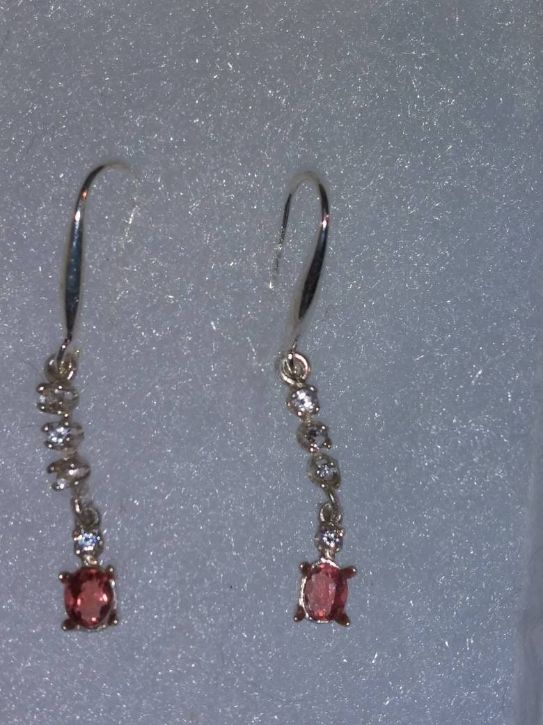 Very Rare Natural Red Apatite White Sapphire accented Sterling Silver Dangle Earrings - Thumbnail 2