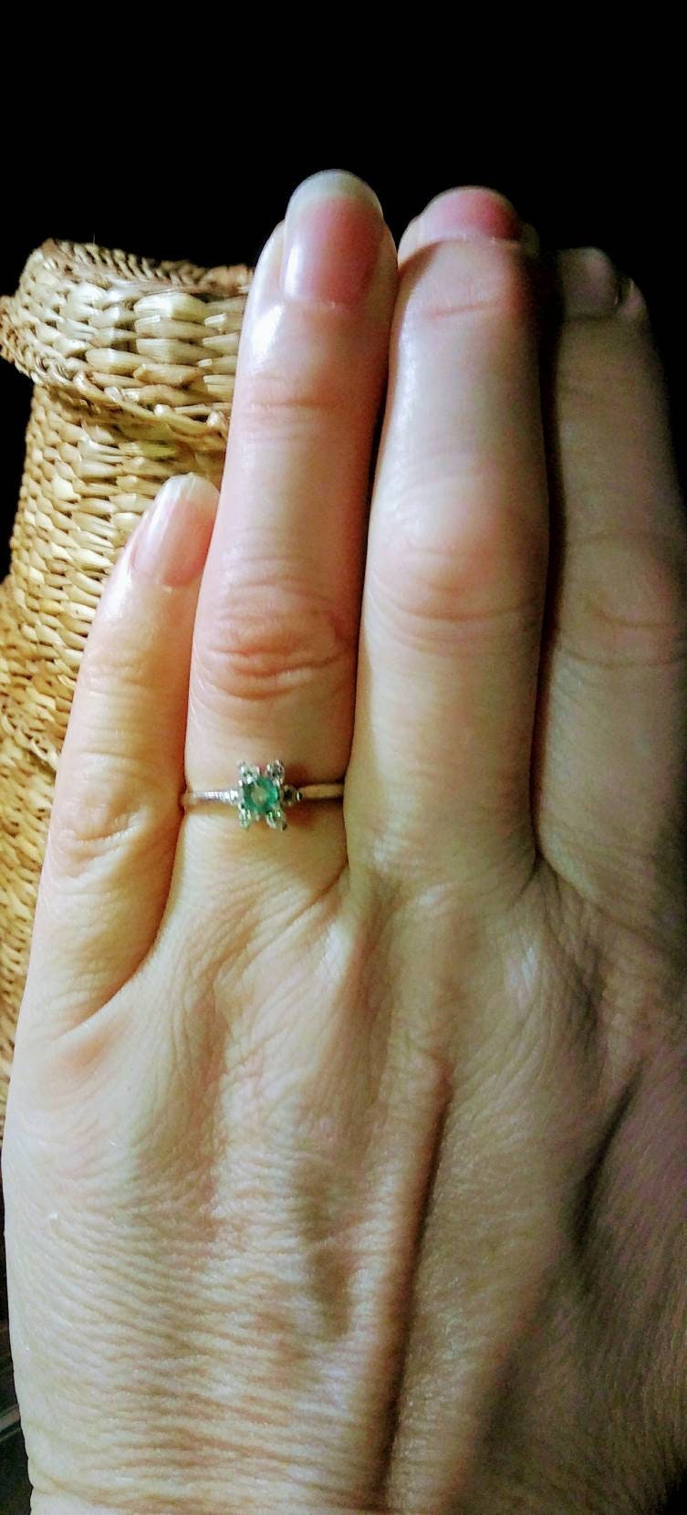 Natural Emerald White Diamond  accented Sterling Silver Engagement Ring - Thumbnail 2