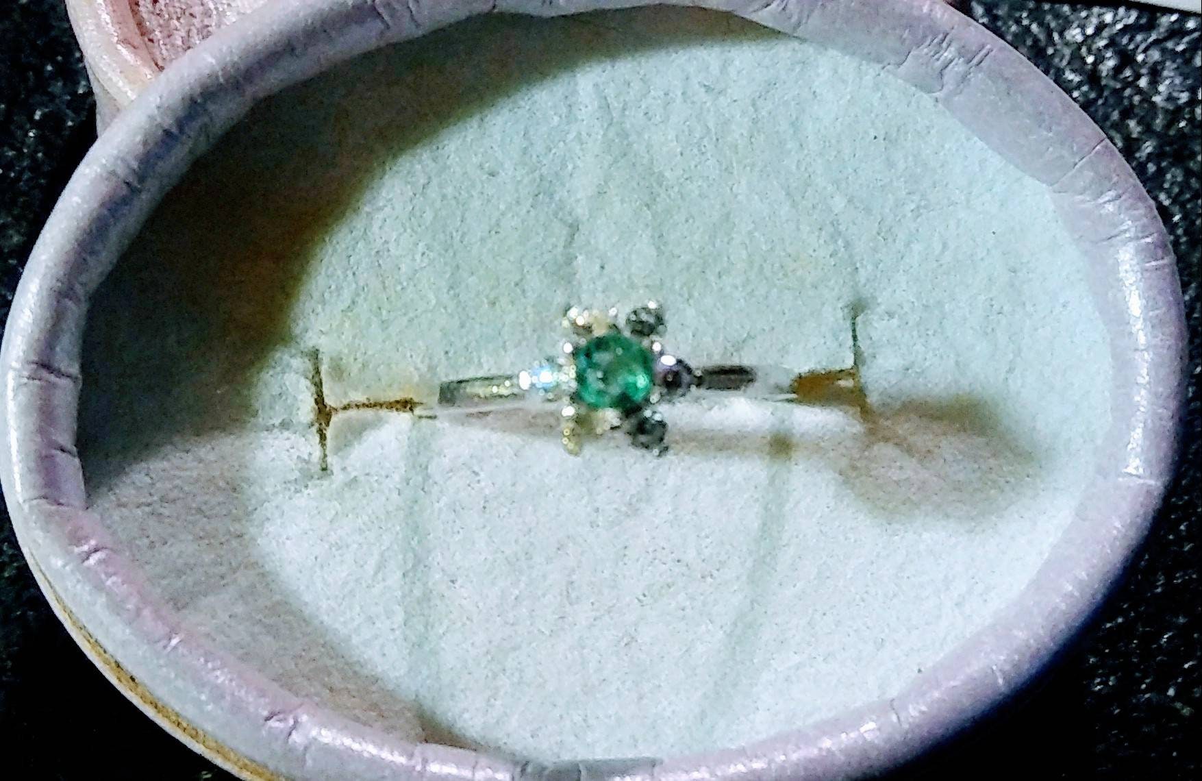 Natural Emerald White Diamond  accented Sterling Silver Engagement Ring