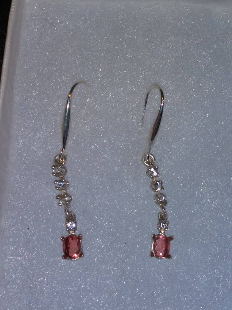 Very Rare Natural Red Apatite White Sapphire accented Sterling Silver Dangle Earrings