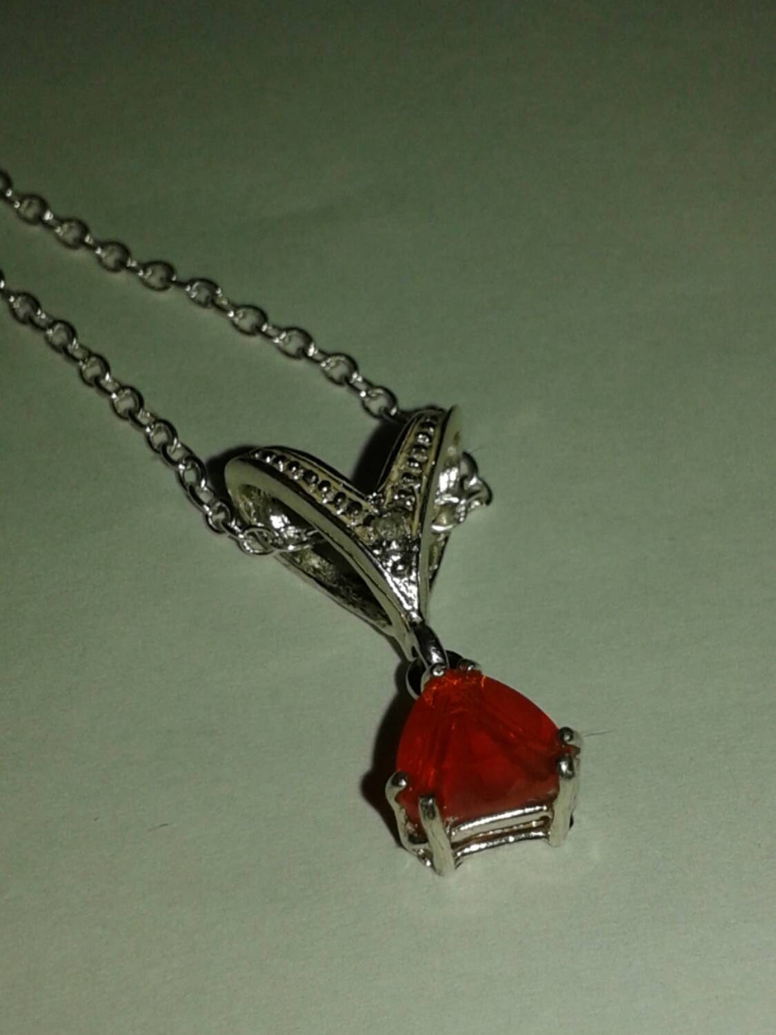 Natural Mexican Fire Opal Diamond accented Sterling Silver Necklace - Thumbnail 7