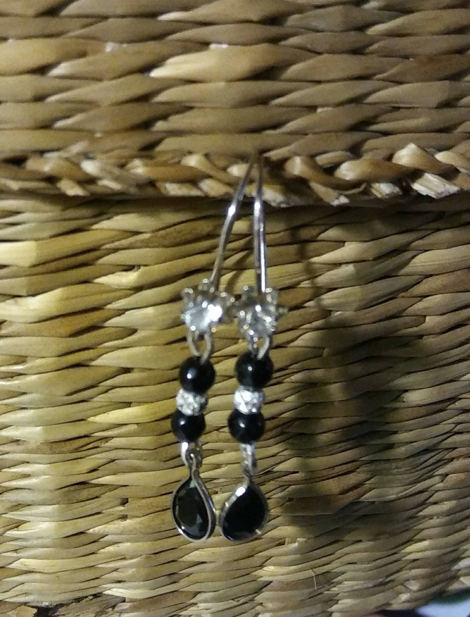 Natural Black Spinel White Zircon Sterling Silver Earrings - Thumbnail 2