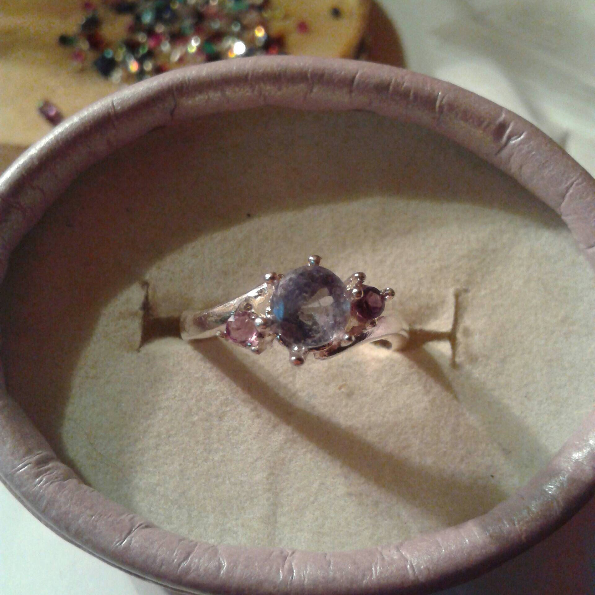 Natural Tanzanite Amethyst accented Platinum wrapped Sterling Silver Engagement Ring