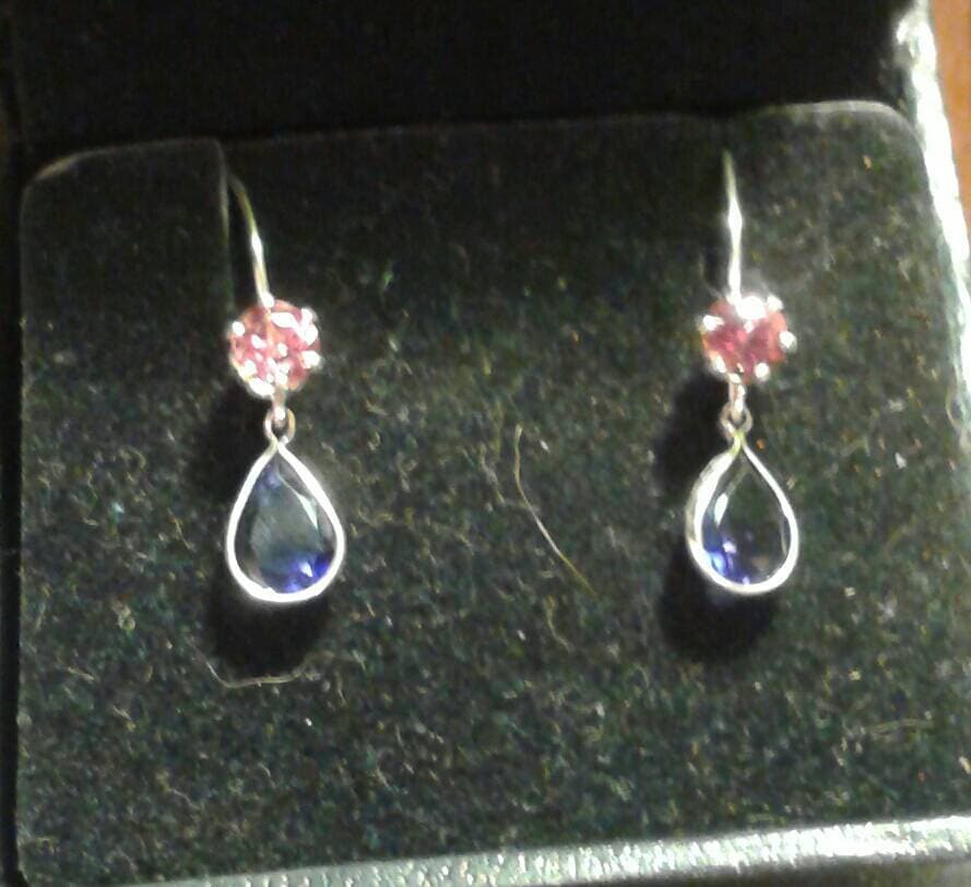 Natural Iolite, Rhodolite Garnet Sterling Silver Earrings - Thumbnail 2