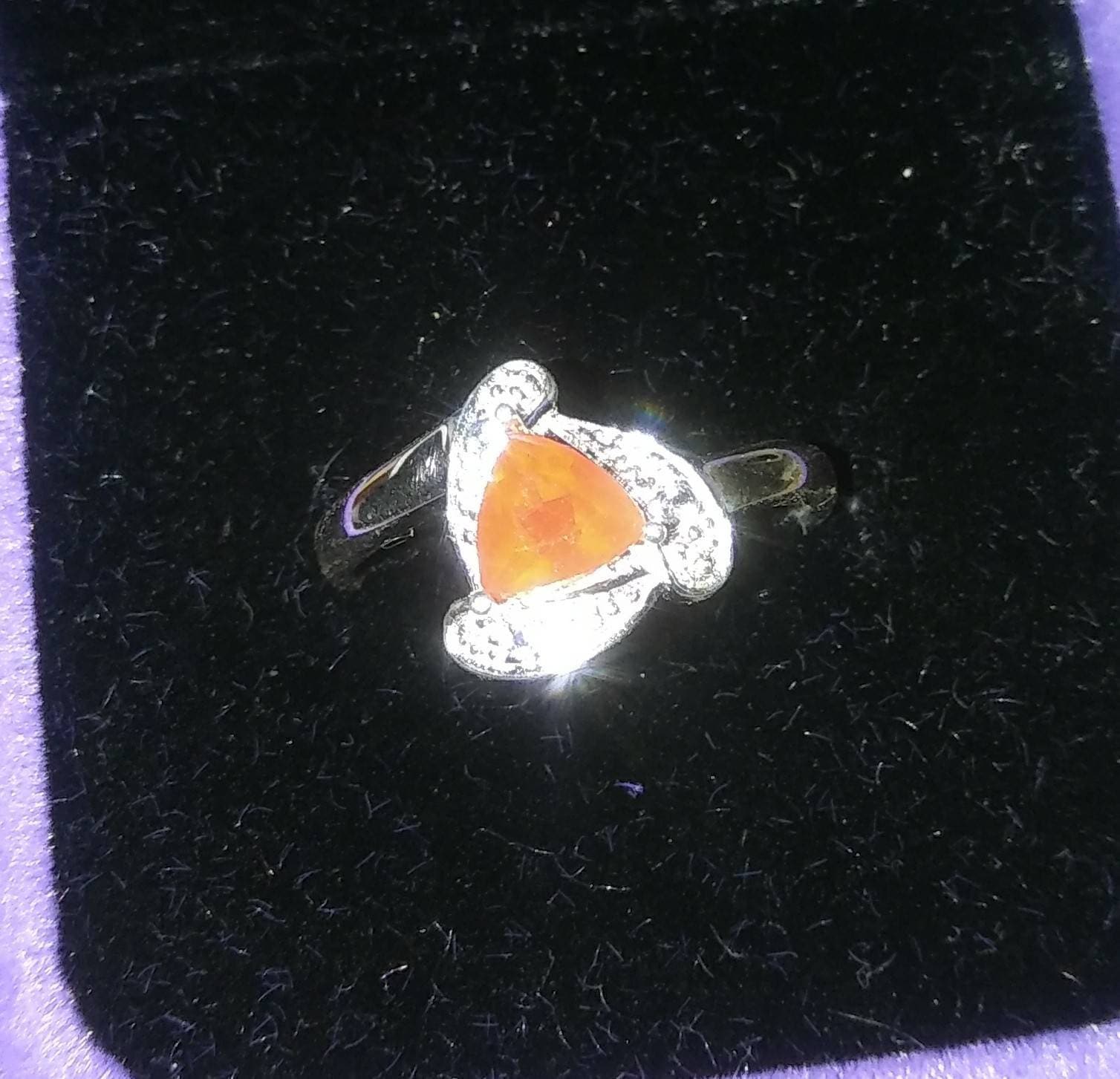 Natural Jalisco Mexican Fire Opal Diamond accented Sterling Silver Ring