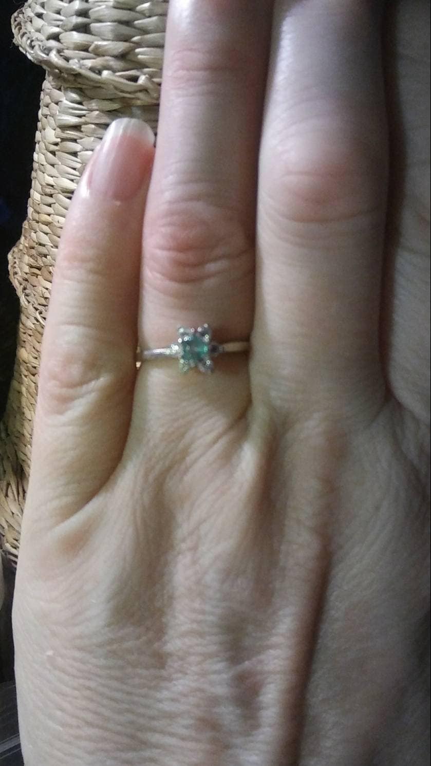 Natural Emerald White Diamond  accented Sterling Silver Engagement Ring - Thumbnail 4