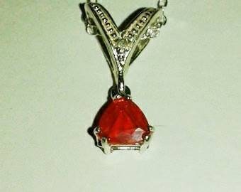 Natural Mexican Fire Opal Diamond accented Sterling Silver Necklace - Thumbnail 3