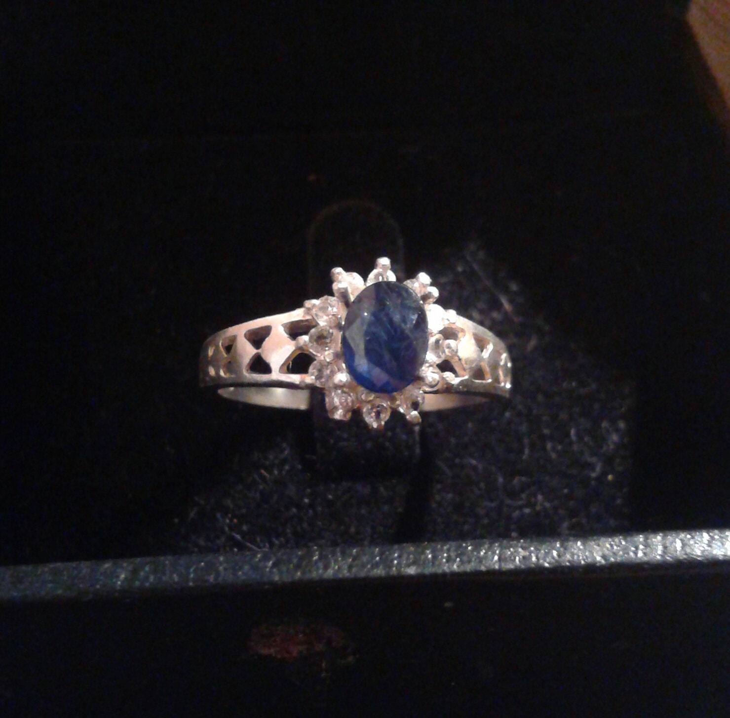 Natural Blue Sapphire White Zircon  accented Sterling Silver Engagement Ring