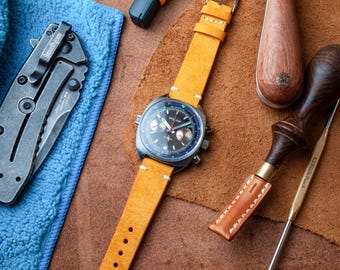 Uhrenarmband Gelb Leder handgefertigt | Pflanzlich gegerbtes Pueblo-Leder | Klassische Minimalistische Band 18-22 mm