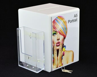 Lockable Suggestion Feedback Exhibition Ballot Collection Comments Box with Leaflet and Poster Holders - PDS9470 Lock White