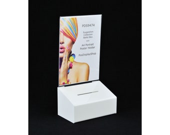White Collection Box Suggestion Box Comments Box with A4 Portrait Poster Holder - PDS9474 White A4P