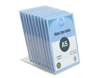 10 x A5 Portrait Angled Price List Holder / Sign Holder / Poster Holder / Leaflet Holder / Menu Holder / Copy Holder Display - Acrylic