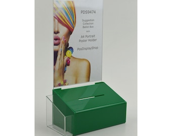 Dark Green Collection Box Suggestion Box Comments Box with A4 Portrait Poster Holder + small Leaflet Holder - PDS9474 Dark Green LH A4P