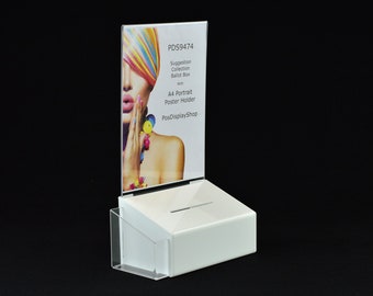 White Collection Box Suggestion Box Comments Box with A4 Poster Holder + small Leaflet Holder - PDS9474 White LH A4P