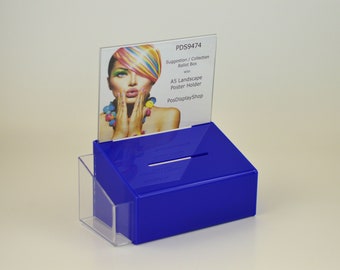 Dark Blue Collection Box Suggestion Box Comments Box with A5 Landscape Poster Holder + small Leaflet Holder PDS9474 Dark Blue LH A5L