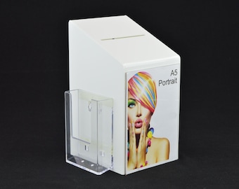 White Collection Box Suggestion Box Feedback Box Comments Box with A5 Poster Holder and 1/3 A4 Leaflet Holder - PDS9464A5 White LH