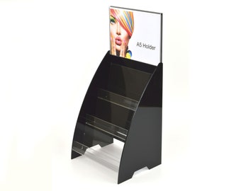 3 Tier A5 Landscape Leaflet Holder / Card Holder / Dispenser / Display - Black + Clear Acrylic - Free standing