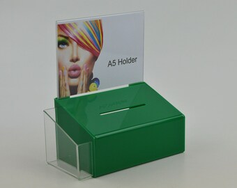 Dark Green Collection Box Suggestion Box Comments Box with A5 Landscape Poster Holder + small Leaflet Holder PDS9474 Dark Green LH A5L