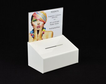 White Collection Box Suggestion Box Comments Box with A5 Landscape Poster Holder - PDS9474 White A5L
