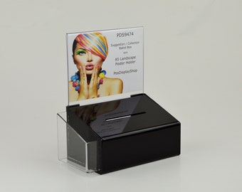 Black Collection Box Suggestion Box Comments Box with A5 Landscape Poster Holder + small Leaflet Holder - PDS9474 Black LH A5L