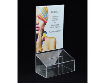 Clear Collection Box Suggestion Box Comments Box with A4 Portrait Poster Holder - PDS9474 Clear A4P