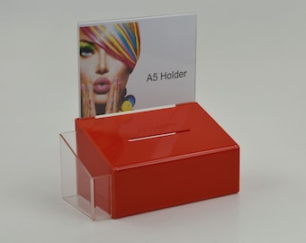 Red Collection Box Suggestion Box Comments Box with A5 Landscape Poster Holder + small Leaflet Holder - PDS9474 Red LH A5L
