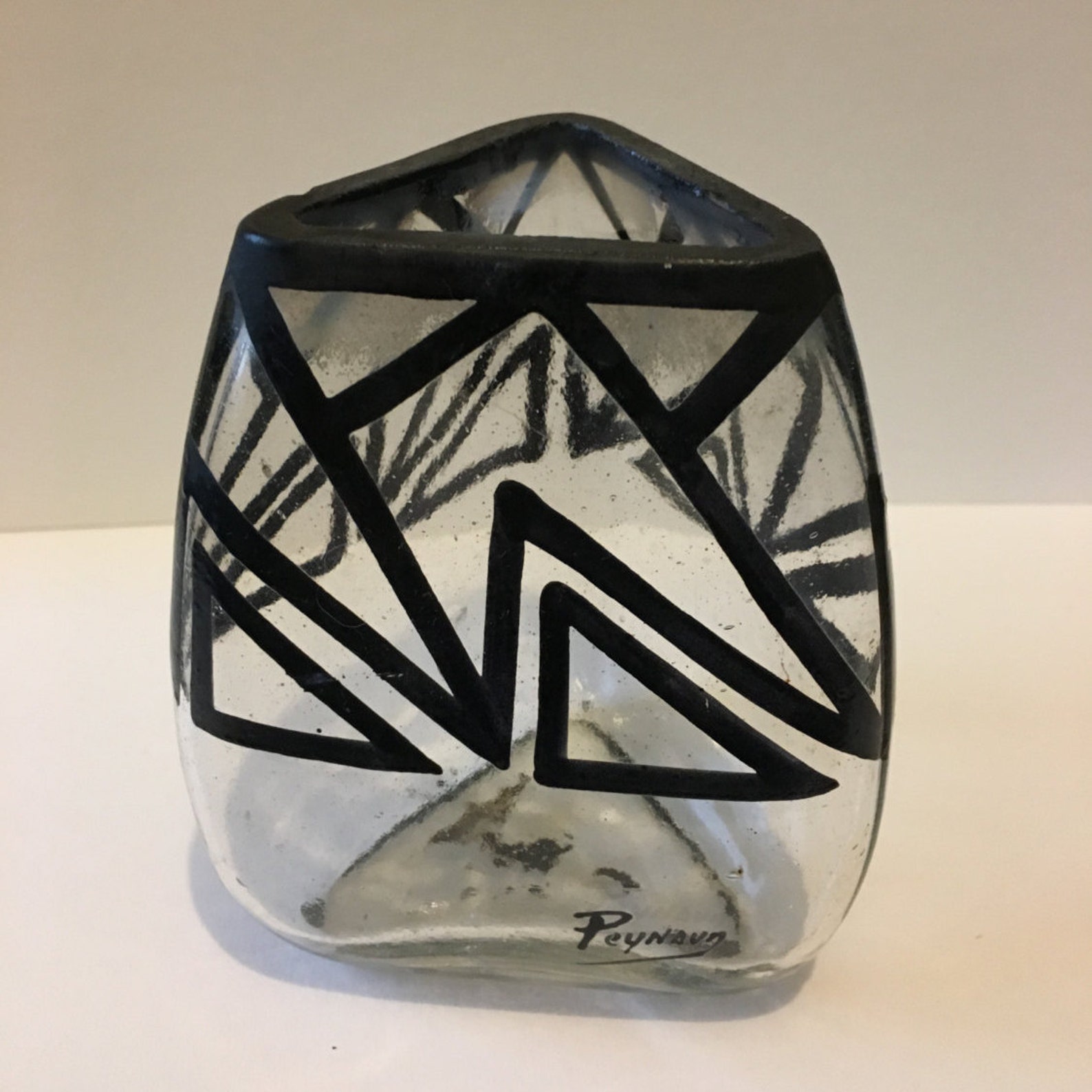 French Art Deco Glass Vase With Black Enamelled Geometrical Etsy UK