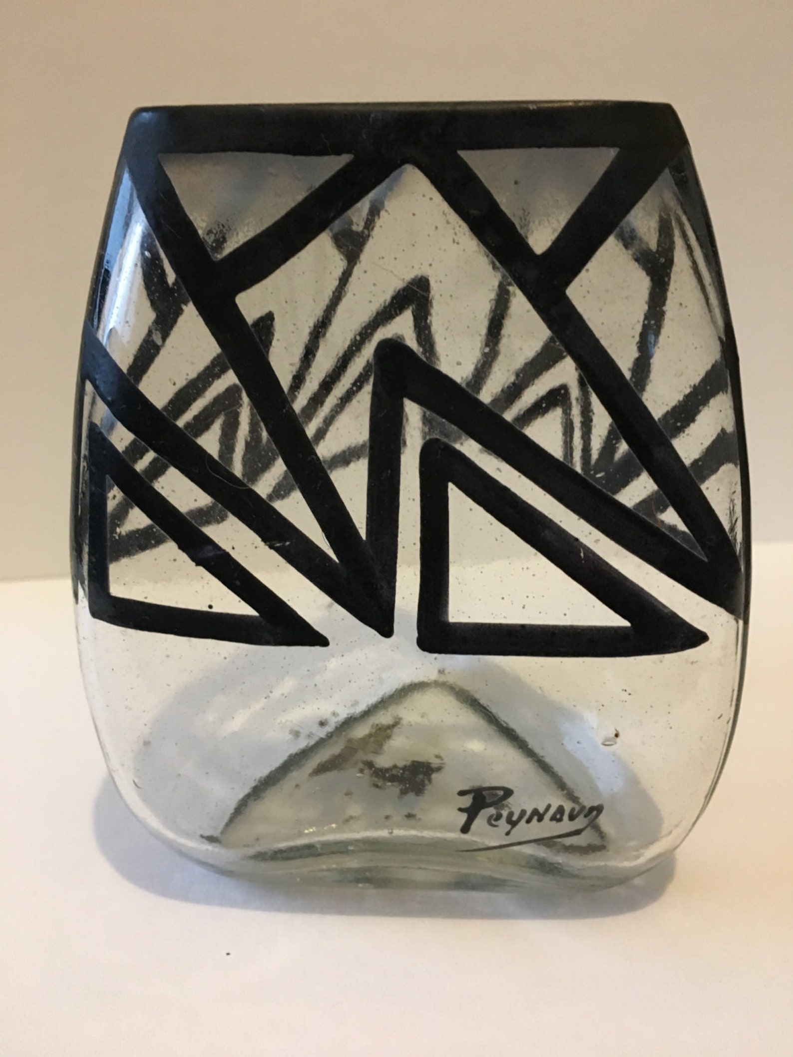 French Art Deco Glass Vase With Black Enamelled Geometrical Etsy UK