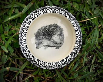 Ready To Ship Hedgehog Bowl in White Clay Decorated with Pigments in Brown Pink and Black